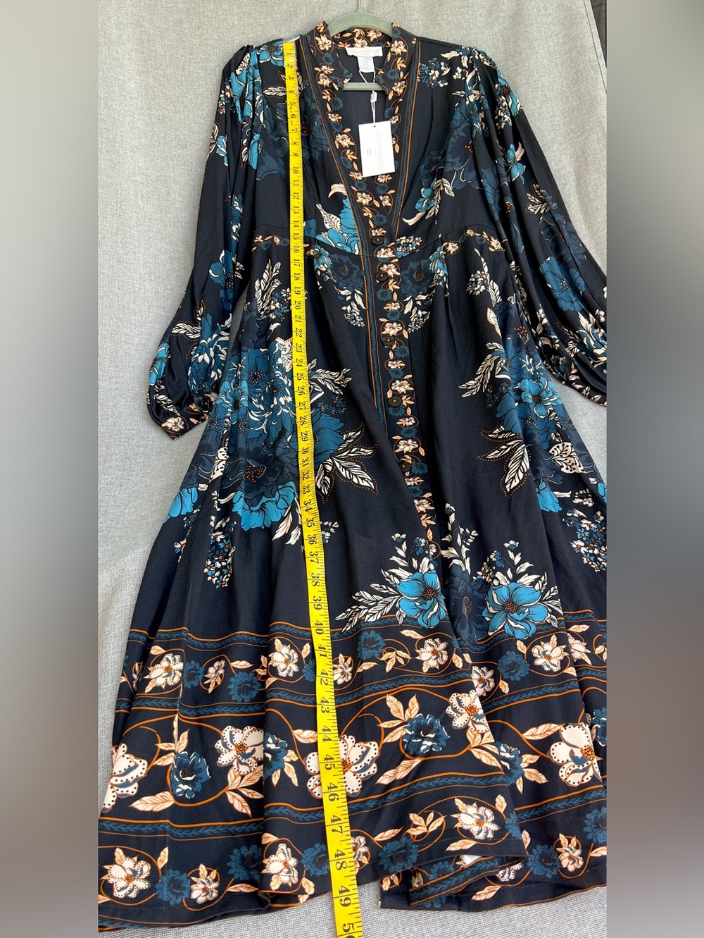 Caroline Constas rayon floral boho long sleeve button down MIDI dress navy - Picture 9 of 16
